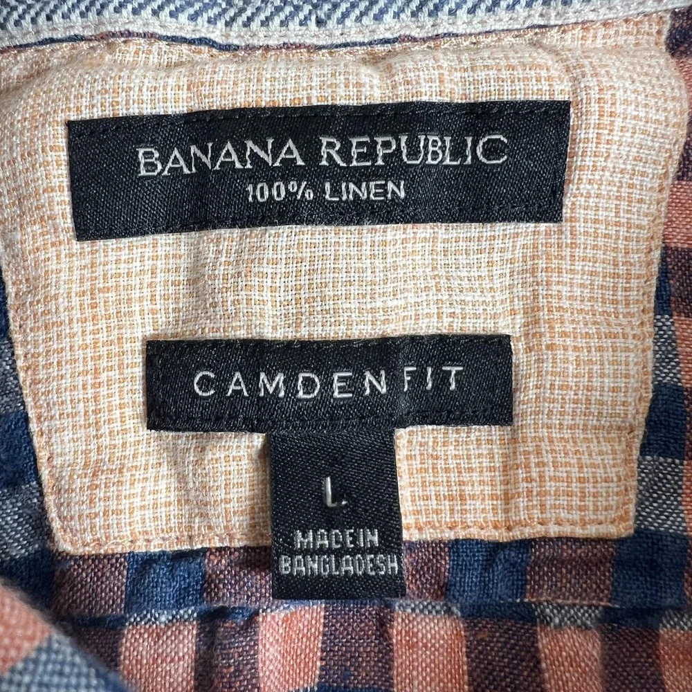 Banana Republic Shirt Mens‎ Large Blue Check Linen Camden Fit Long Sleeve